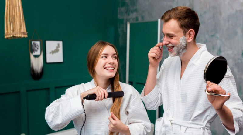 couple practicing daily grooming routine with hair care and personal hygiene
