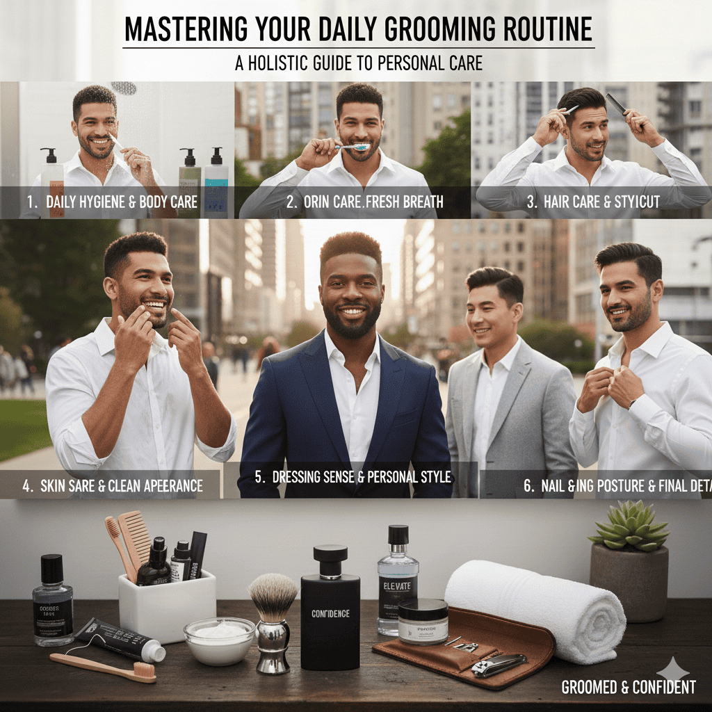 Infographic titled "7 Good Grooming Practices" showing a montage of men practicing skincare, beard trimming, hair styling, oral hygiene, and dressing in well-fitted suits, alongside a collection of grooming tools.