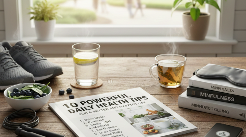 A bright, overhead view of a wooden table featuring a magazine titled '10 Powerful Daily Health Tips,' surrounded by wellness items like a glass of lemon water, a bowl of blueberries, running shoes, a jump rope, and meditation books near a sunlit window.