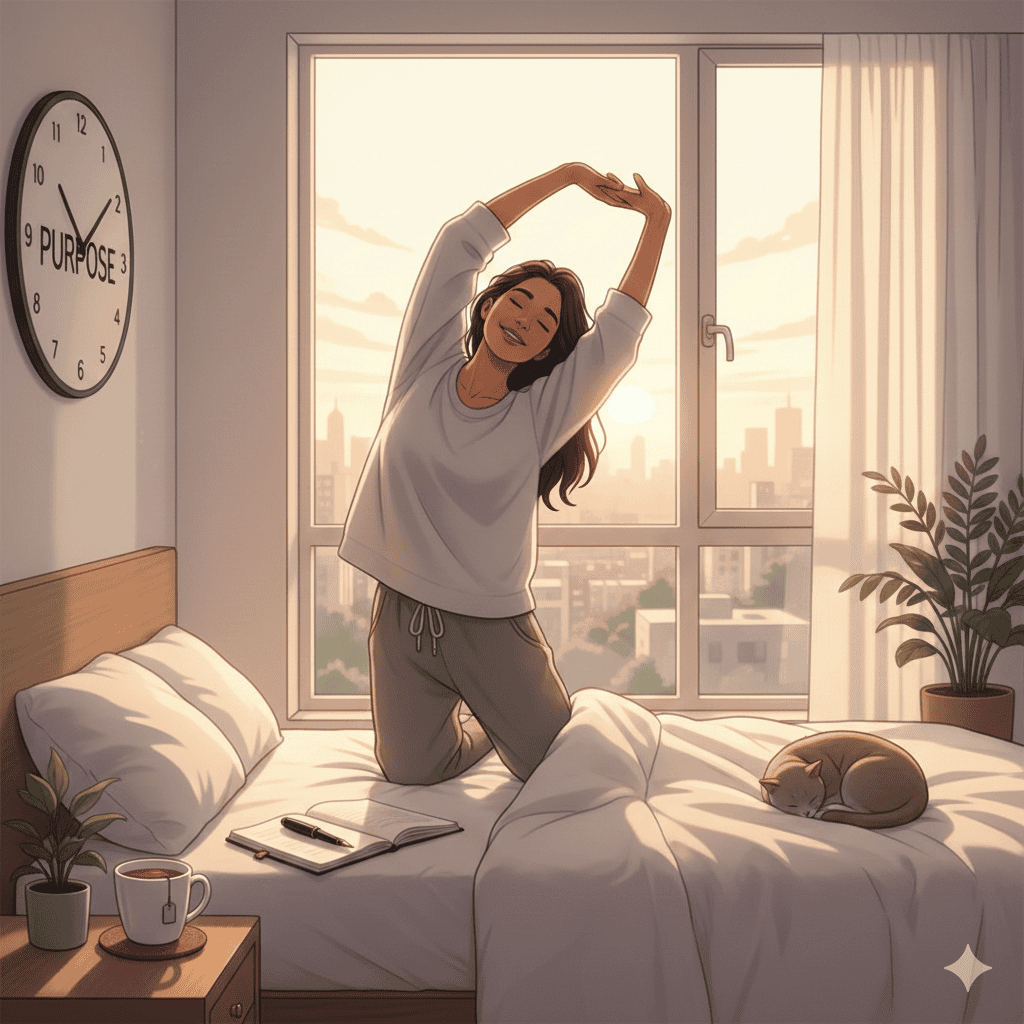 young woman waking up in a sunlit bedroom.