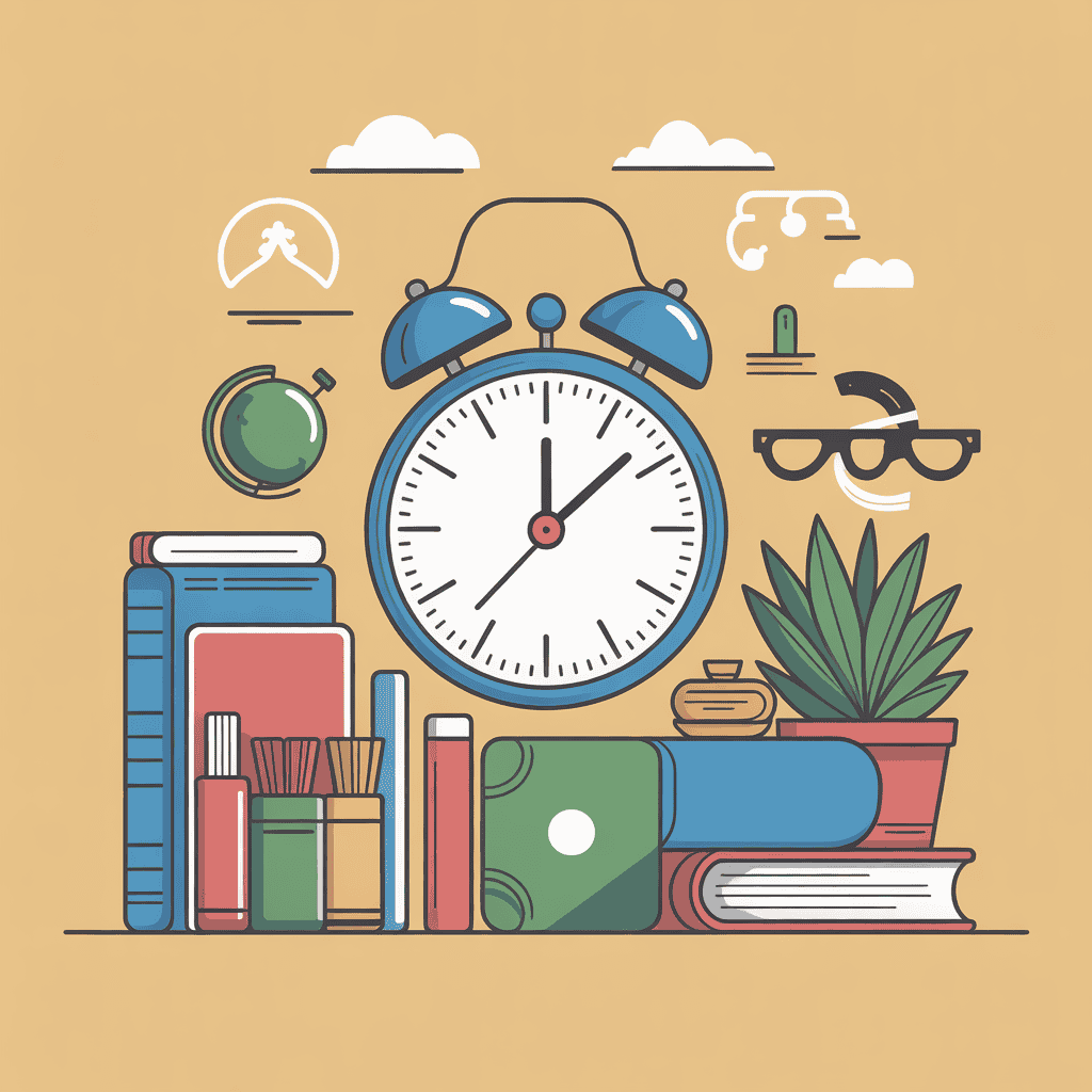 24 Hour Daily Routine for Students: A Powerful Plant for Success and Balance A flat-style illustration featuring a large blue alarm clock centered among stacks of colorful books, a potted succulent plant, a globe, and a pair of glasses, representing a structured daily routine and academic balance.