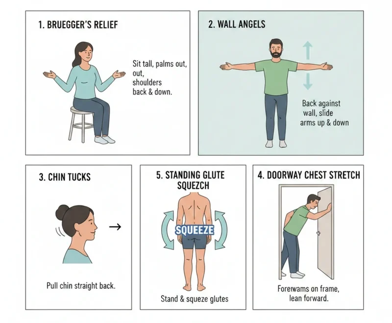 10 minute daily reset exercises including posture stretches, chin tucks, wall angels, and chest stretch for better posture and youthful appearance