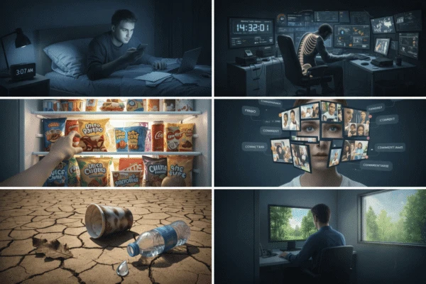 High-tech home office with multiple screens and digital data display.