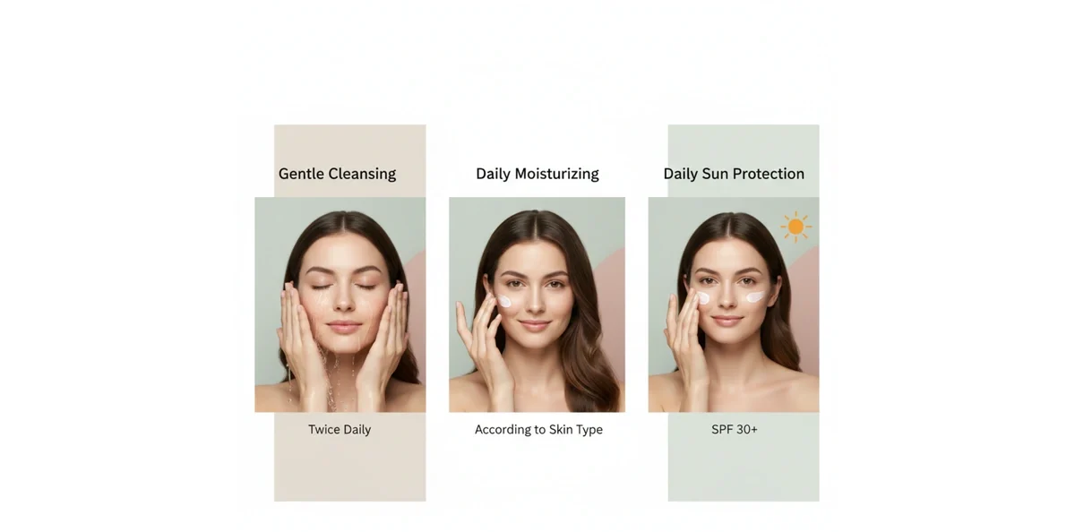 What makes a woman look younger naturally without makeup through gentle cleansing, daily moisturizing, and sun protection