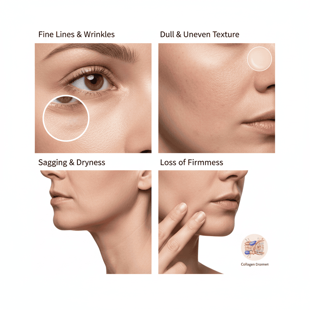 Best Anti Aging Face Mask at Home (30+ and 40+ Age-Specific Natural Routine) A close-up visual representation of skin aging concerns like fine lines, wrinkles, uneven texture, and loss of firmness.