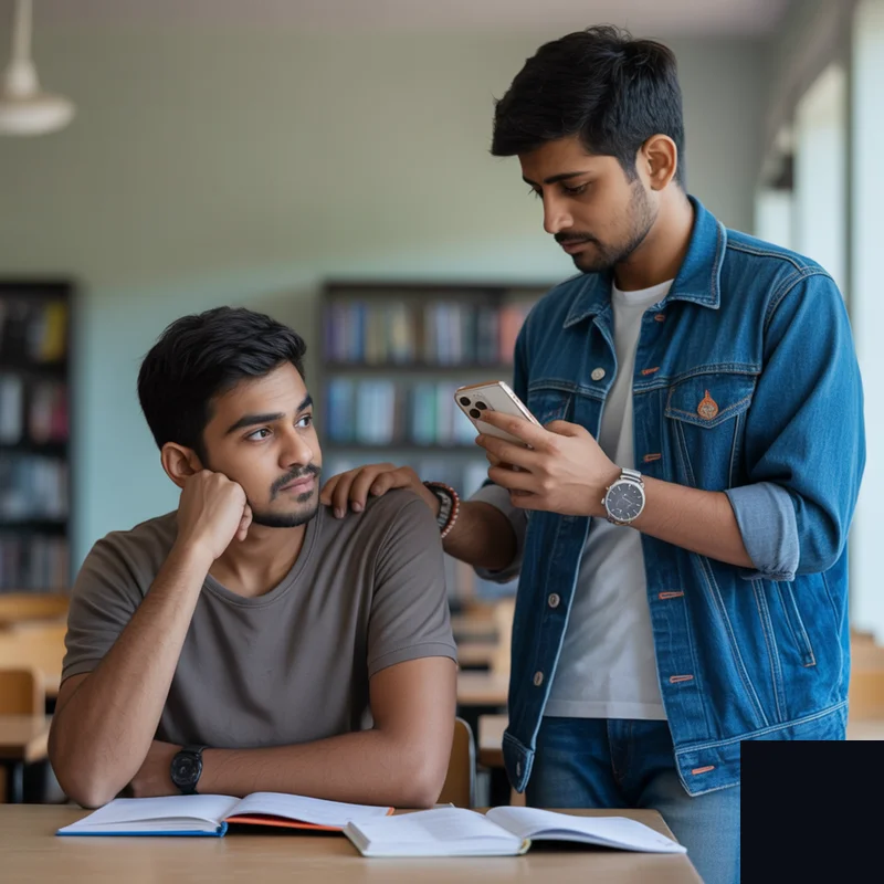 Indian student sitting at a study desk feeling peer pressure while comparing himself with a friend using an iPhone and branded clothes, highlighting budgeting tips for Indian students to avoid peer pressure spending.