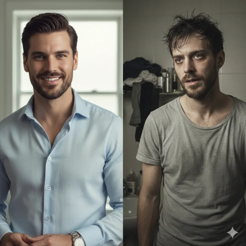 Best Hygiene Routine for Men comparison showing a well-groomed man versus a man with poor hygiene habits