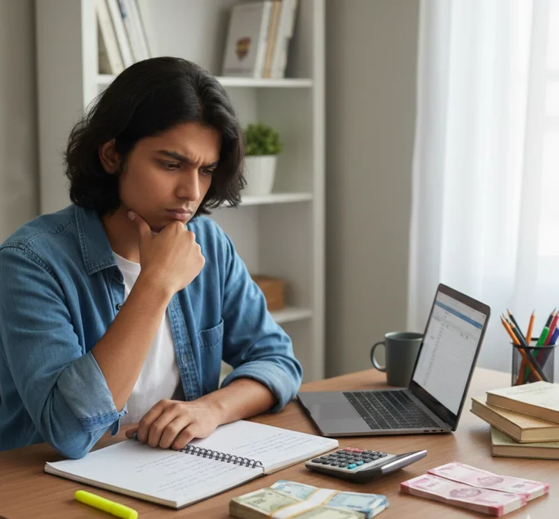 Indian student planning monthly budget using notebook, calculator, and money while studying, showing smart money management and budgeting tips for Indian students.