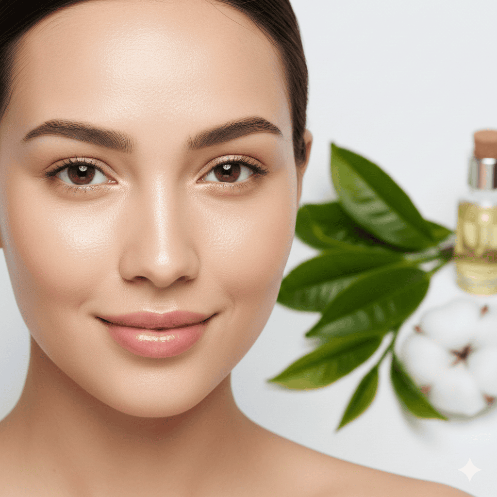 woman with clear, balanced, and glowing skin, positioned next to natural skincare elements including green tea leaves, a cotton flower, and a glass serum bottle.
