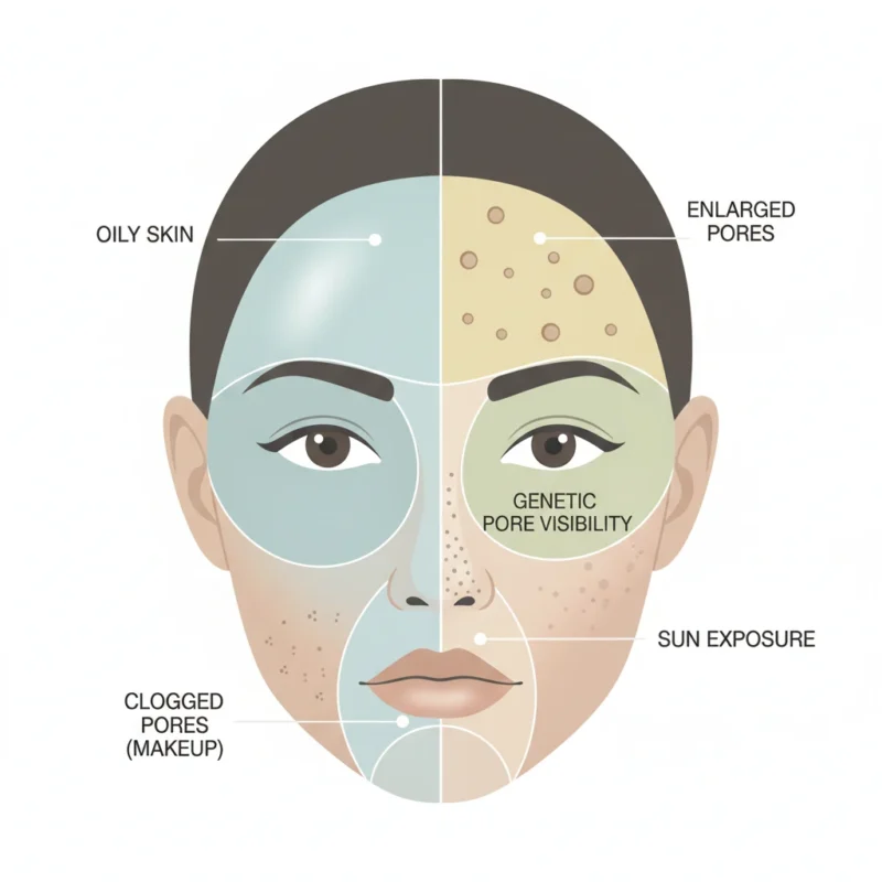 illustration showing common causes of open pores on face including oily skin, clogged pores, sun exposure, and genetics