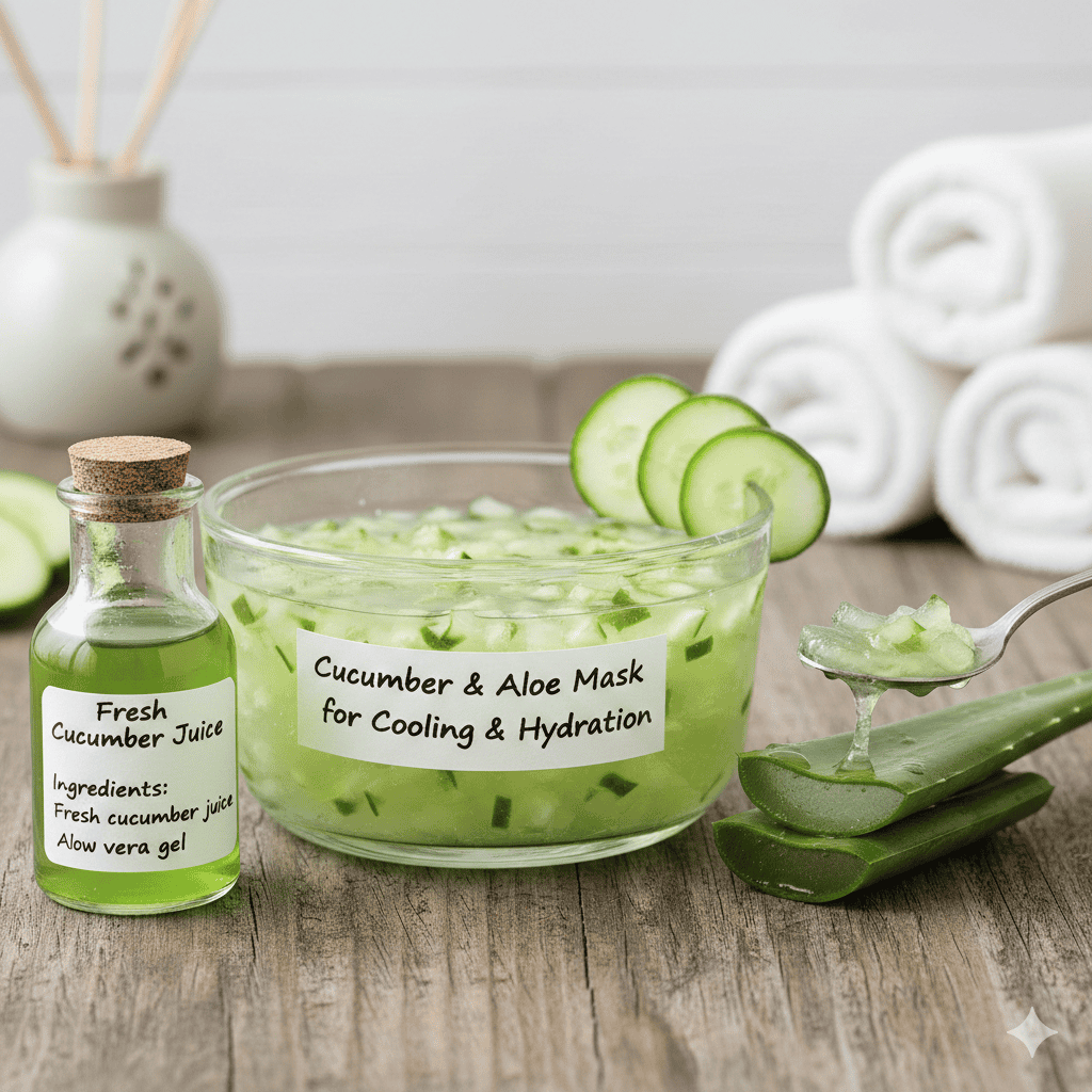 Fresh Cucumber Juice," sliced cucumbers, and fresh aloe vera leaves with translucent gel being scooped out.