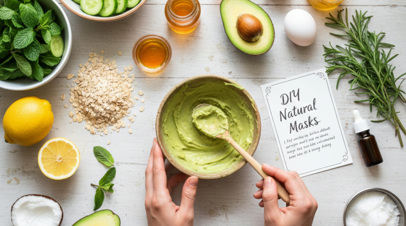 DIY natural masks and remedies A bright, aesthetic arrangement of kitchen ingredients like honey, avocado, oats, and yogurt in bowls for homemade face and hair masks.