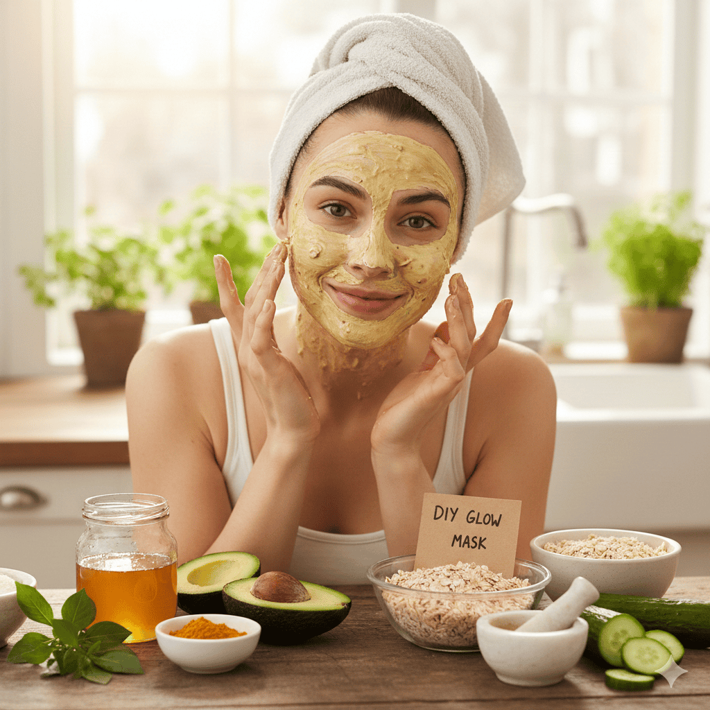 A woman with a towel on her head smiling while applying a yellow-tinted DIY natural face mask.