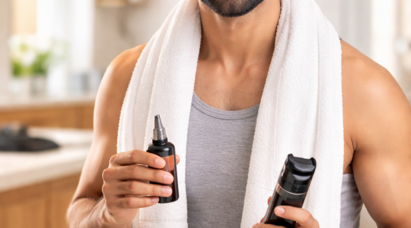 Men’s grooming trends in 2026 showing Indian man using modern grooming products