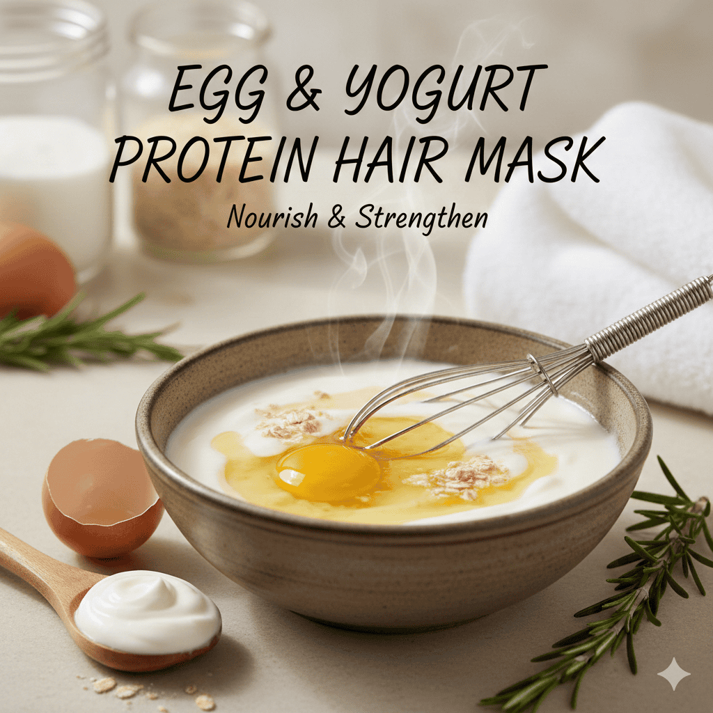 top-down view of a ceramic bowl containing a raw egg and creamy white yogurt, being mixed with a silver whisk.