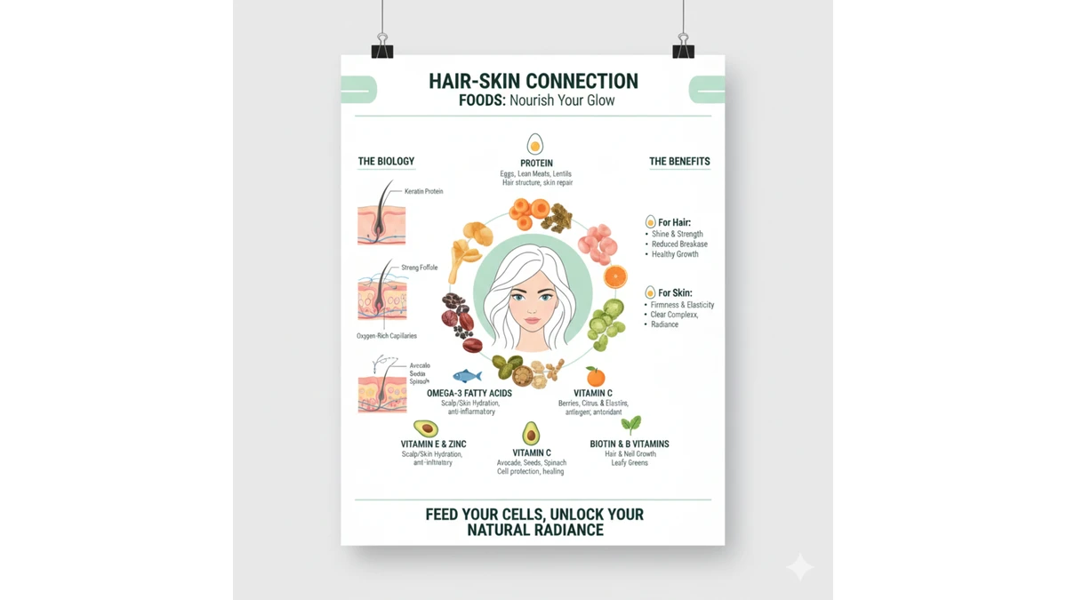 Hair skin connection foods infographic showing nutrients like protein, omega 3, vitamin C, biotin, and zinc that support healthy hair and youthful glowing skin