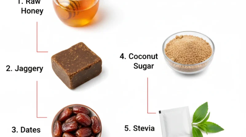 Healthy alternatives to white sugar including raw honey, jaggery, dates, coconut sugar, and stevia displayed as natural sugar substitutes