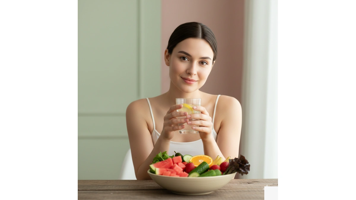 What makes a woman look younger naturally without makeup by drinking water consistently and eating water-rich fruits and vegetables