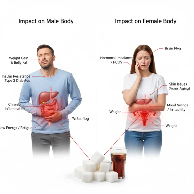 Impact of white sugar on male and female body showing weight gain, insulin resistance, hormonal imbalance, PCOS, brain fog, skin issues, mood swings, and low energy