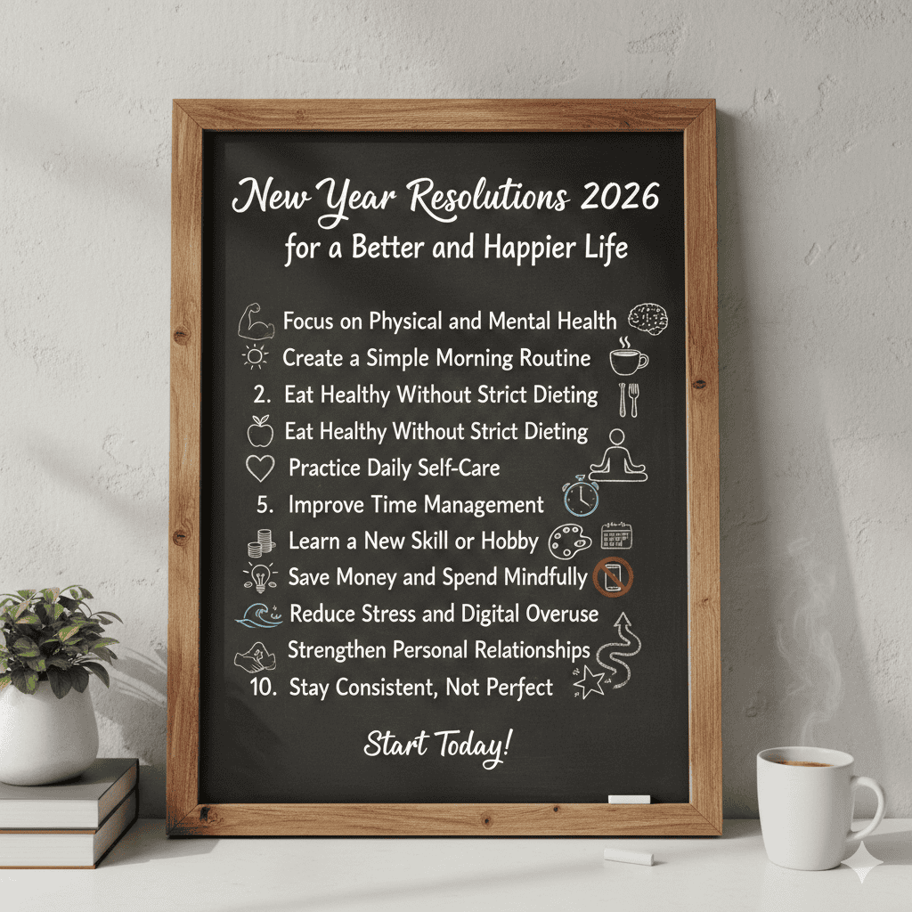 A framed chalkboard leaning against a white wall next to a small plant and a steaming cup of coffee. The board lists Top 10 New Year Resolutions for a better life, featuring text like "Focus on Physical and Mental Health" and "Stay Consistent