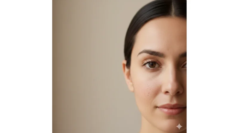 half face close-up showing open pores and uneven skin texture while explaining how to reduce open pores at home