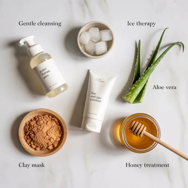 natural skincare routine with gentle cleansing, ice therapy, aloe vera, clay mask, and honey for open pores