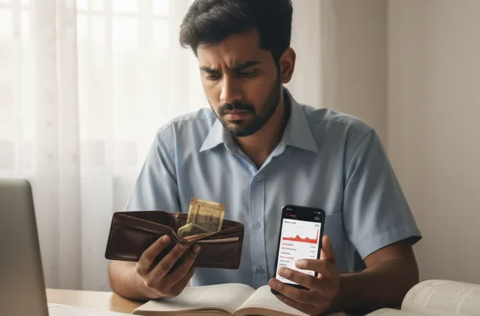 Indian student checking wallet and expense app while studying, highlighting budgeting tips for Indian students to avoid poor money habits today and build a secure future.