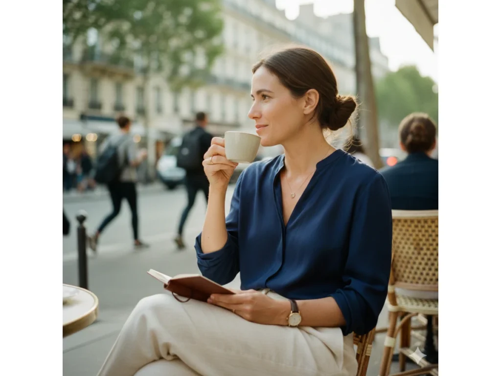 balanced grooming habits woman enjoying coffee at outdoor cafe while reading a book