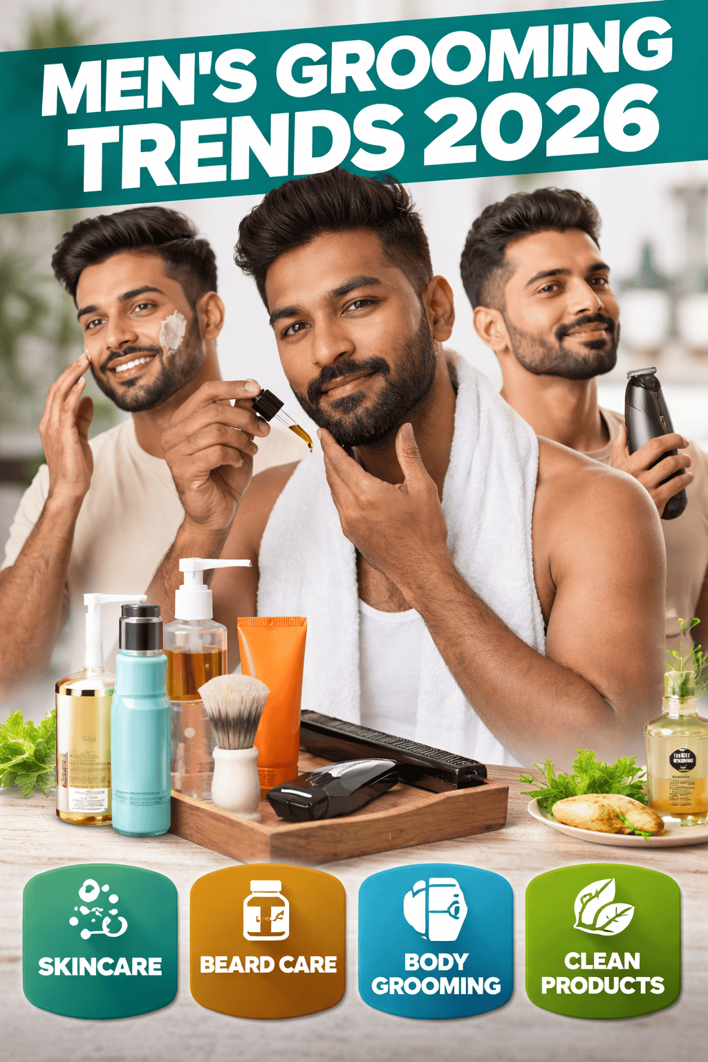 Men’s Grooming Trends in 2026: 9 Powerful Changes Every Man Must Know showing Indian men using modern grooming products