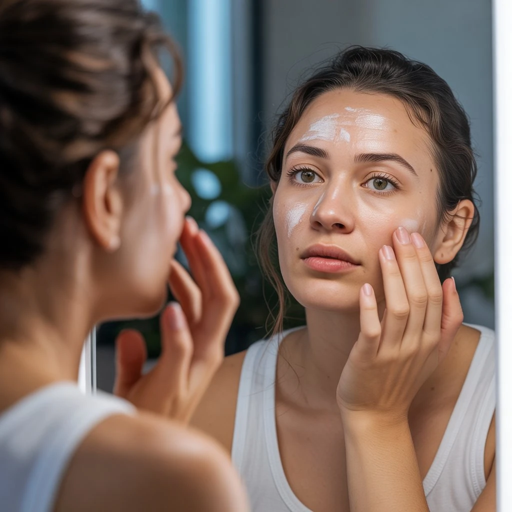 woman checking skin texture and open pores while following a skincare routine at home