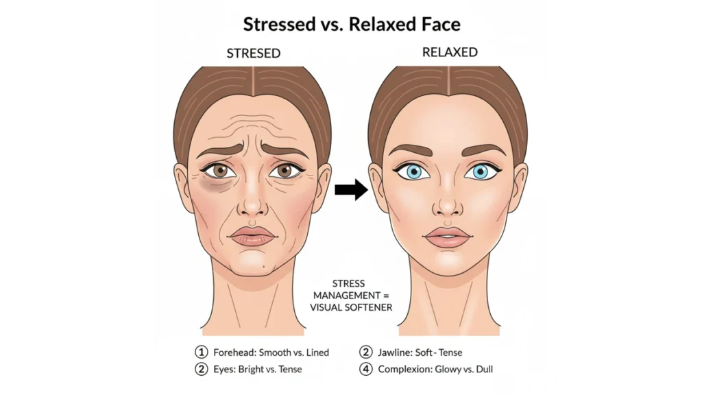 Stressed vs relaxed face comparison showing how stress management improves skin smoothness, facial softness, and youthful appearance naturally
