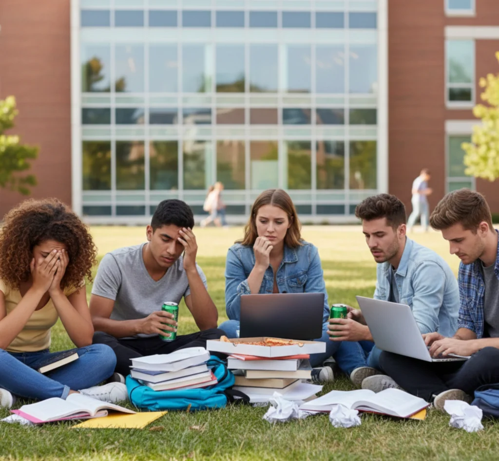 Why Is Student Stress Increasing in 2026? student stress increasing among college students during group study on campus