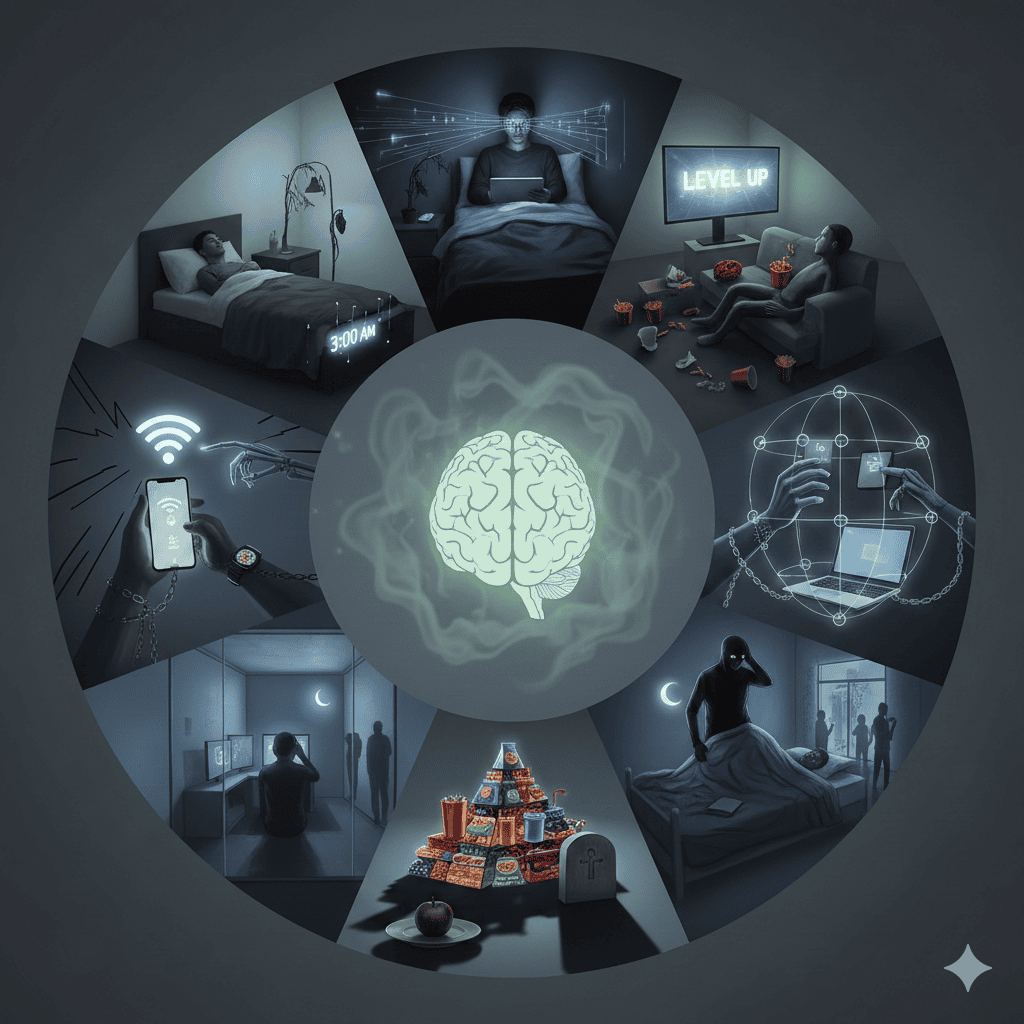 A 6-panel grid illustrating modern health mistakes: sleep deprivation, processed diet, sedentary overwork, digital noise, social isolation, and hidden toxins, in a bright and clear layout.