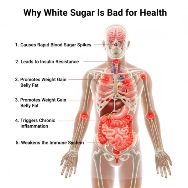 Healthy alternatives to white sugar explaining why white sugar is bad for health and how it affects blood sugar, insulin, weight, inflammation, and immunity
